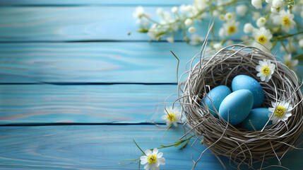 A Birds Nest Filled With Blue Eggs and Daisies