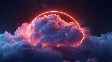 an abstract neon-lit cloud surrounded by a neon light ring in the dark night sky, forming a glowing geometric shape with a round frame - obrazy, fototapety, plakaty