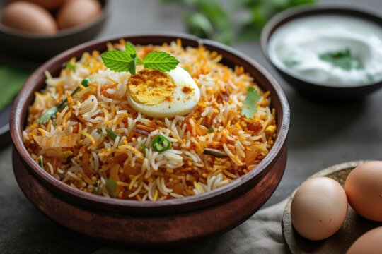 Indian Egg Biryani or anda rice served in kadhai or kadai with yogurt dip  selective focus