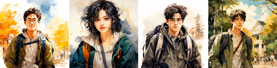 watercolor illustrations of Korean students. Illustrations can be used for a variety of purposes, such as in textbooks, websites, and promotional materials. Captures the essence of Korean student life