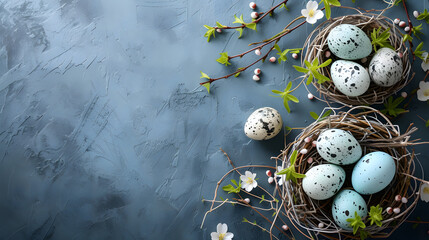 Three Birds Nests With Eggs and Flowers on a Blue Background - obrazy, fototapety, plakaty