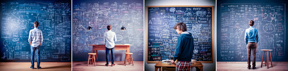 A student is solving mathematical problems on the blackboard. Mathematical formulas and equations are displayed on the board for learning and understanding. Thoughtful student actively studying - obrazy, fototapety, plakaty