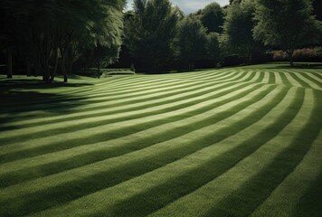 A close-up view capturing the texture of a well-manicured lawn, marked by neat and uniform stripes, reflecting expert lawn maintenance.