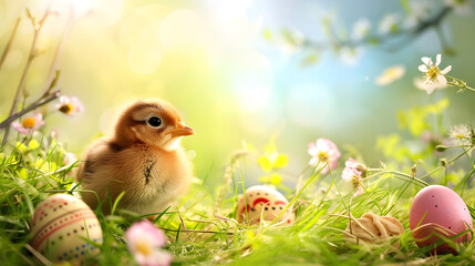 Small Bird Next to Eggs in Grass