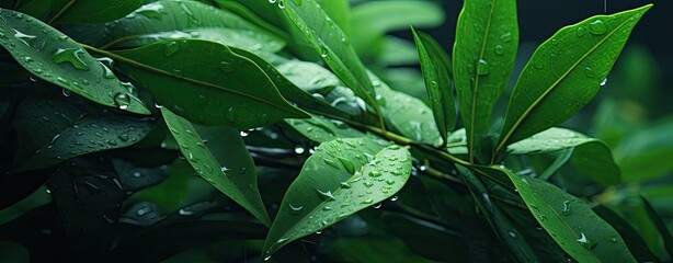 The tranquil allure of nature captured in the juxtaposition of verdant leaves and shimmering water droplets, a timeless spectacle.