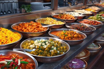 Obraz premium Oriental food Indian takeaway at a Londons market