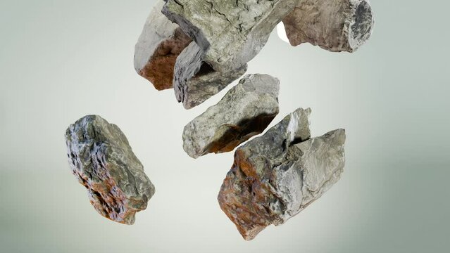 abstract background with levitating stones rocks cobblestone, asteroid meteorite rock float, stone fragments, 3d render