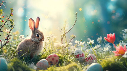 Rabbit Sitting in Grass Near Eggs