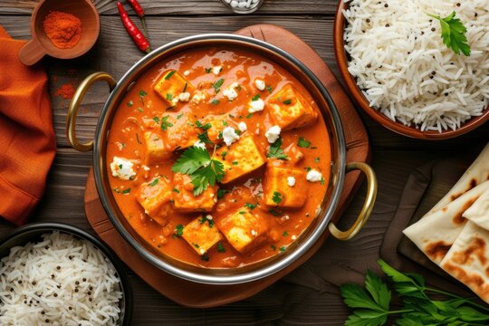 Shahi paneer   Butter Paneer with cumin rice  overhead view