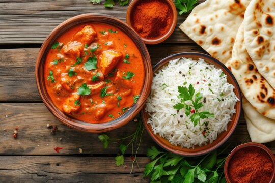 Spicy chicken tikka masala with rice and naan bread.