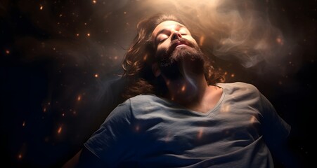 Blissful state of transcendental  Meditation -  handsome bearded young male with eyes closed lying supine surrounded by wispy ethereal smoke appearing to be asleep or meditating with a calm expression - obrazy, fototapety, plakaty