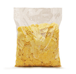PLASTIC PACKAGING OF HANDMADE CORN FLAKES ON ISOLATED WHITE BACKGROUND