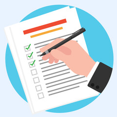 Checklist on a white sheet of paper. Businessman hands holding a pen and writing, Check list, Document on the top view.