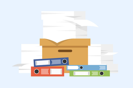 Pile of paper documents and file folders, Unorganized paper sheets and file binders.