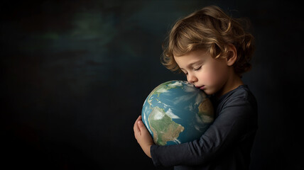 Young child hugging earth, save planet, earth day, sustainable living, ecology environment, climate emergency action, world environment day concept, illustration for global warming content - 727223077