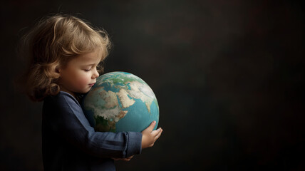 Young child hugging earth, save planet, earth day, sustainable living, ecology environment, climate emergency action, world environment day concept, illustration for global warming content - 727223245