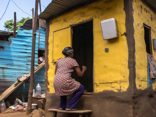 A person utilizing a shared outdoor restroom in a crowded and impoverished urban area.