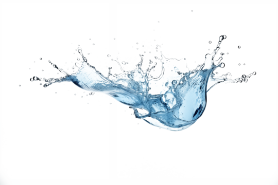 Isolated water splash in transparent background with blue bubbles and flowing motion