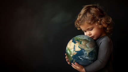 Young child hugging earth, save planet, earth day, sustainable living, ecology environment, climate emergency action, world environment day concept, illustration for global warming content - 727223633