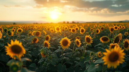 Vast Field of Sunflowers Under Cloudy Blue Sky, Summer Day