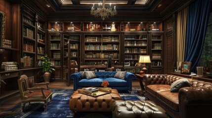 Leather sofa with cushions standing on living room with stylish interior design and collections books on bookshelves in library. Work cabinet