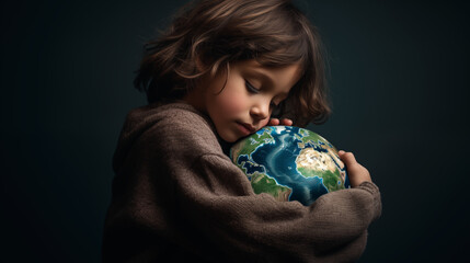 Young child hugging earth, save planet, earth day, sustainable living, ecology environment, climate emergency action, world environment day concept, illustration for global warming content - 727223889
