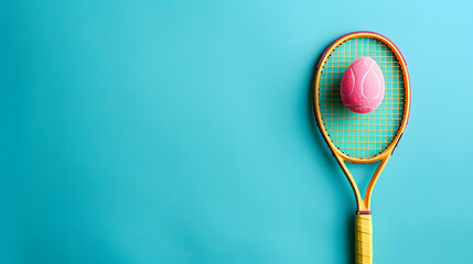 Pink Ball on Tennis Racket - obrazy, fototapety, plakaty
