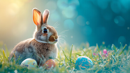 Fototapeta na wymiar Rabbit Sitting in Grass With Eggs