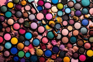 Obraz na płótnie Canvas Close-up side view of professional make-up brush surrounded by heaps crashed in small pieces eyeshadow in pink, blue, yellow, green and purple colours isolated on white background