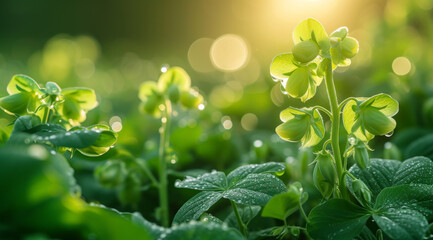 Close-up of sweet pea green flowers and leaves with dew under morning sunlight, AI generated