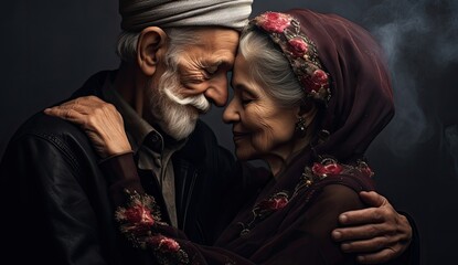 An endearing picture of elderly grandparents, basking in the joy of each other's presence, their embrace filled with years of love and affection.