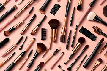 Makeup brush vector mockups of beauty cosmetics 3d design. Blush, eyeshadow and contour, eyebrow comb, foundation, concealer and bronzer, angle, fan and flat realistic brushes, make up artist kit - obrazy, fototapety, plakaty