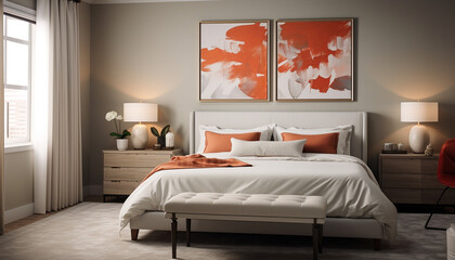 Modern bedroom with two art frames on wall. Interior design of modern bedroom.