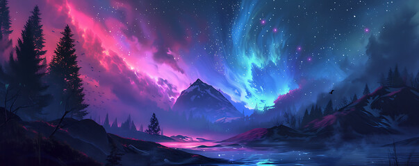 An otherworldly aurora borealis pulsating with psychedelic colors, illuminating a mystical landscape.