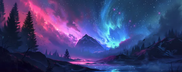 Fotobehang An otherworldly aurora borealis pulsating with psychedelic colors, illuminating a mystical landscape. © simo