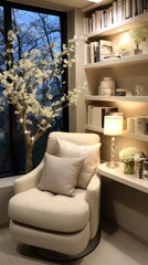Modern reading corner with plush chair and warm lamp light, flanked by blooming branches