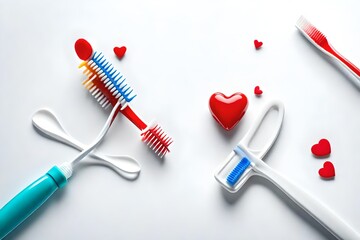 Dental health concept with toothbrush tube and toothpaste heart on white table detail. Horizontal composition. Top view