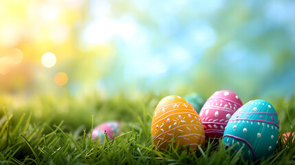 Colorful Easter Eggs on Top of Lush Green Field