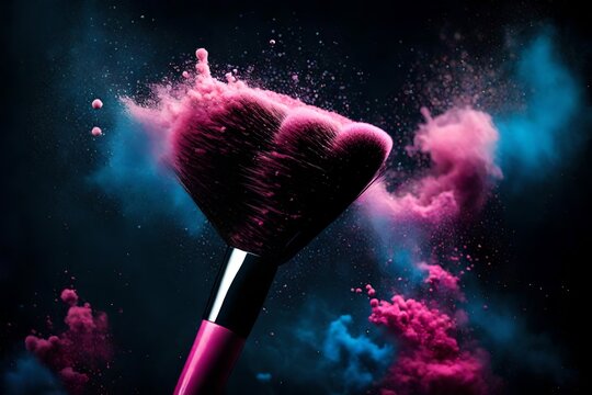 colorfull makeup powder brush fall on shiny black surface in a dust cloud