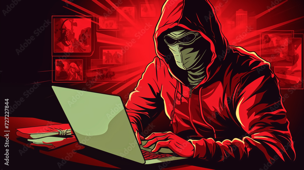 Poster vector illustration of a hacker in a red hoodie working on a laptop.