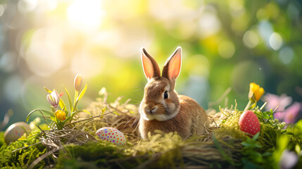 Rabbit Sitting in the Grass Near Flowers