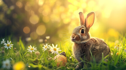 Fototapeta na wymiar Rabbit Sitting in Grass With Daisies