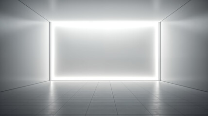 Empty gallery interior with glowing lights. Mock up, 3D Rendering
