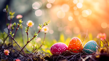 Fototapeta na wymiar Colorful Eggs on Grass-Covered Field
