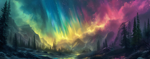 An otherworldly aurora borealis pulsating with psychedelic colors, illuminating a mystical landscape.