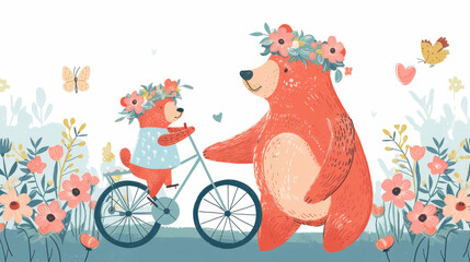 Mom bear teaches little bear ride a bike. Happy mother day. Family convept