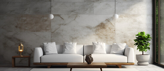 Wooden sofa wall in living room interior, modern design, mock up furniture decorative interior. AI Generative