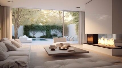 Modern white interior design with fireplace and beautiful backyard	
