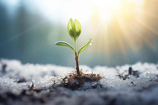 The arrival of spring with green sprout growing from ground and winter in background