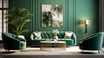 Modern interior design of living room with green walls, armchairs, sofa. Luxurious living room design in the house.	
